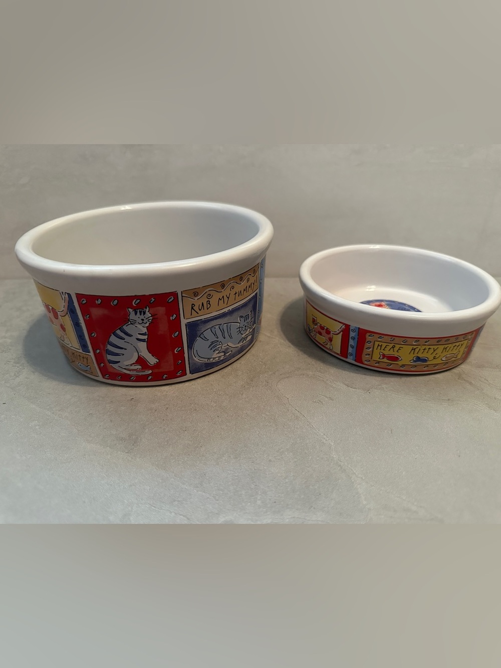 Riviera Van Beers Signature Cat Food & Water bowls (2) 'Feed Me Cat' NO CHIPS